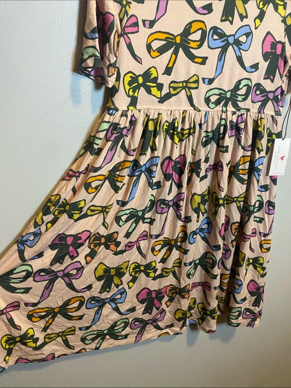 Pink Chicken Girls Bamboo Steph Dress NWT Girls 8 Pink Bows Short Sleeve Stretch